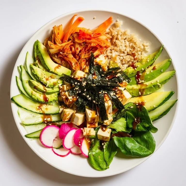 Delicious fermented vegetable bowl piled high with colorful veggies and hearty grains.