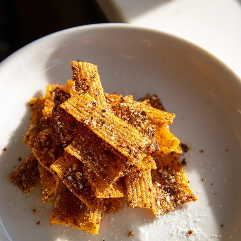 Savory pasta chips seasoned variety, crunchy and delicious, great for sharing at parties.