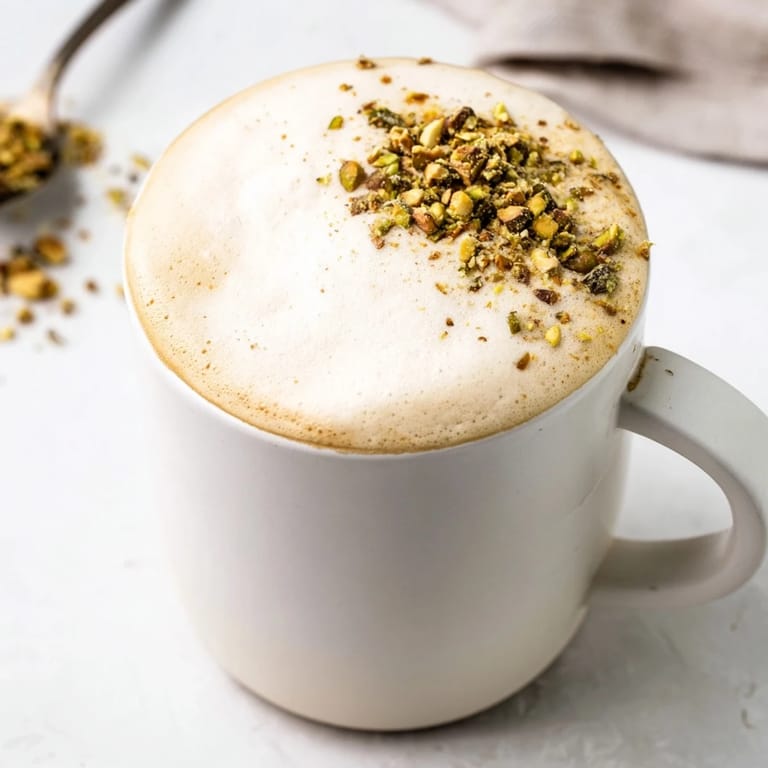 Warm pistachio milk latte garnished with crunchy pistachios for added texture.