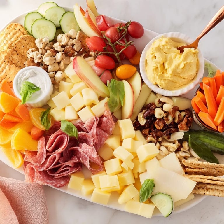 An inviting girl dinner platter with assorted cheeses, vibrant fruits, and tasty dips.