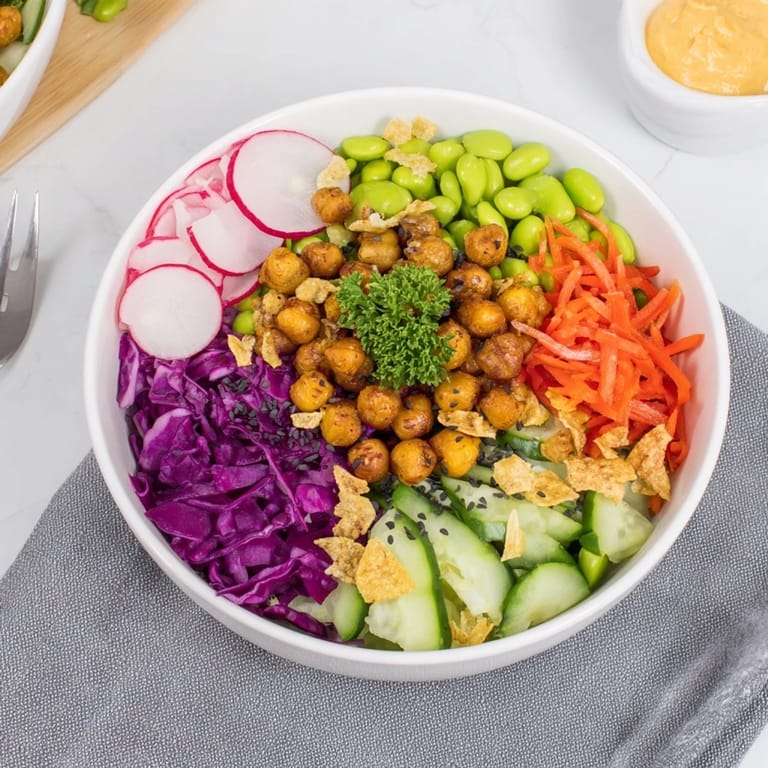 Eye-catching ASMR Crunch Snack Bowls topped with roasted chickpeas and colorful veggies.