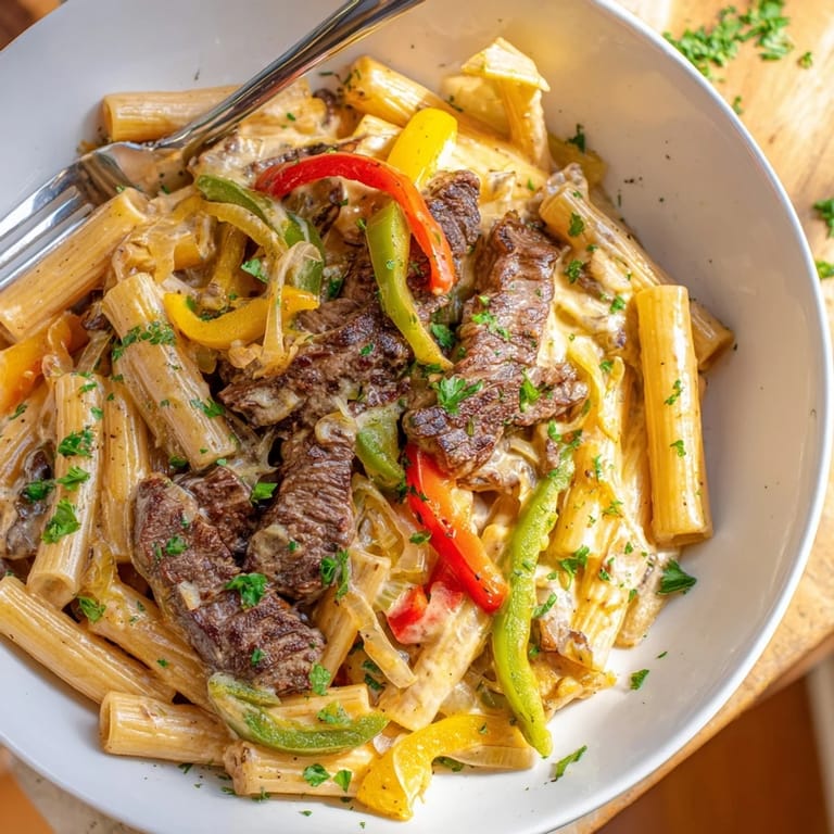 Delicious Philly Cheese Steak Pasta topped with melted cheese, beef, and vibrant veggies.  