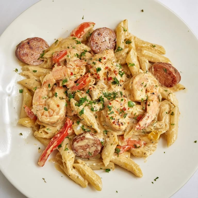 Gorgeous, flavorful Cajun Sausage & Shrimp Alfredo pasta, perfect for a cozy, comforting dinner.