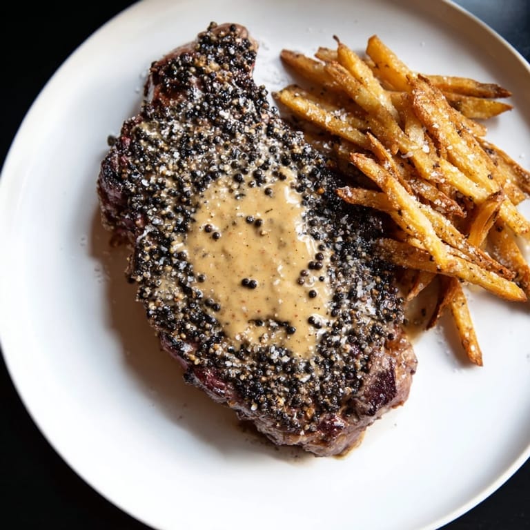 A close-up of a perfectly cooked Classic Peppercorn Ribeye with a flavorful peppercorn sauce and crisp fries.