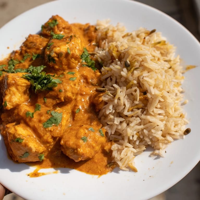 A close-up shot of butter chicken served alongside fluffy rice pilaf, a truly comforting meal.