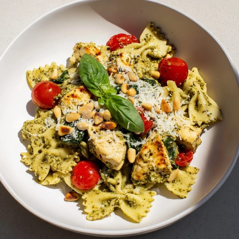 A close-up of vibrant Pesto Chicken Bowtie Pasta, showing chicken, pasta, and pesto sauce.