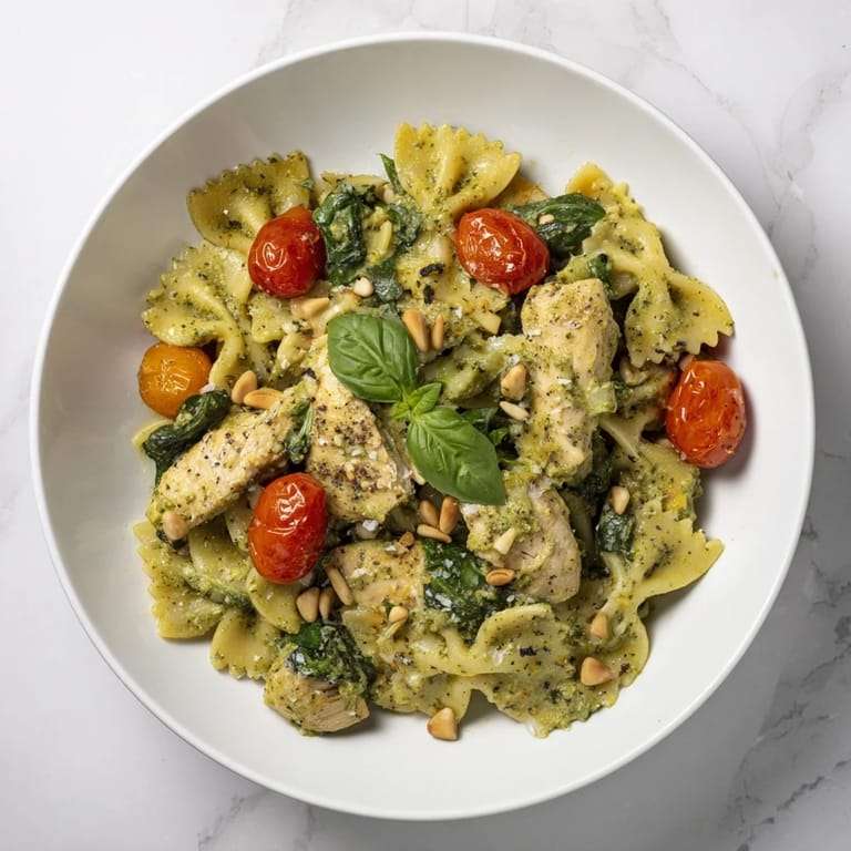 Delicious Pesto Chicken Bowtie Pasta tossed with Parmesan, ready to serve, a flavorful dinner option.