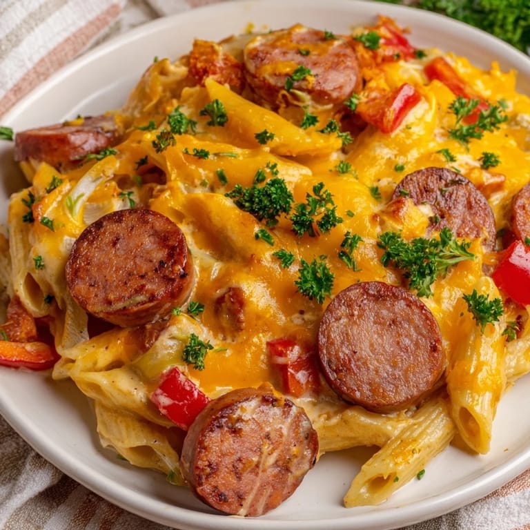 Golden-brown Smoked Sausage & Cheddar Pasta Bake with bubbling cheese, promising a comforting, cheesy delight.
