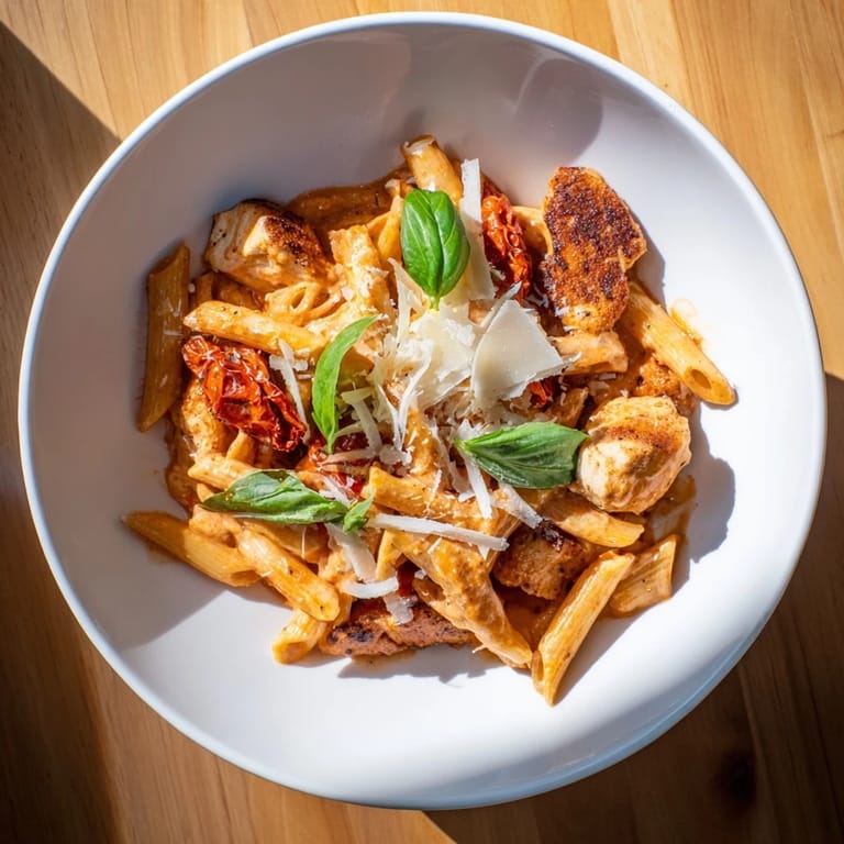 Savory Creamy Tomato Basil Chicken Pasta served in a bowl, showing tender chicken and fresh basil over penne.