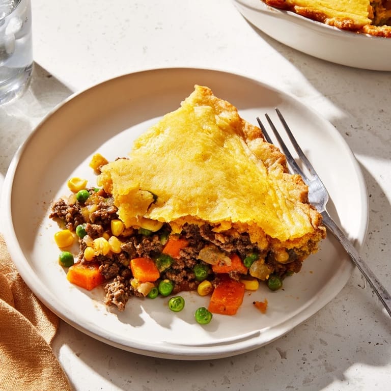 This hearty Cornbread Crusted Beef Pie showcases a bubbling beef filling beneath a perfectly baked cornbread topping.