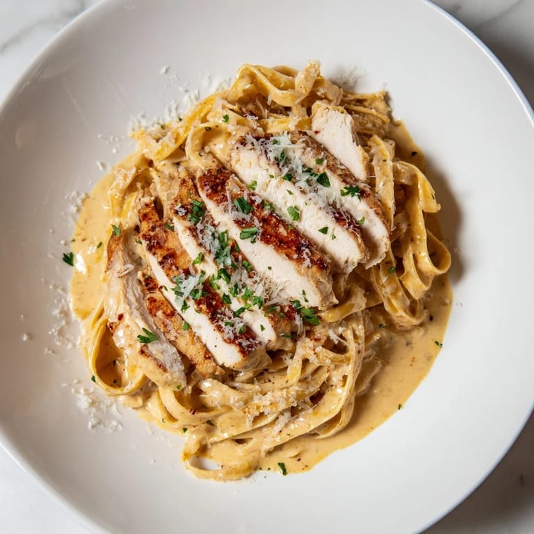 A steaming bowl of Spicy Cajun Chicken Alfredo, a flavorful, creamy pasta dish with a kick.