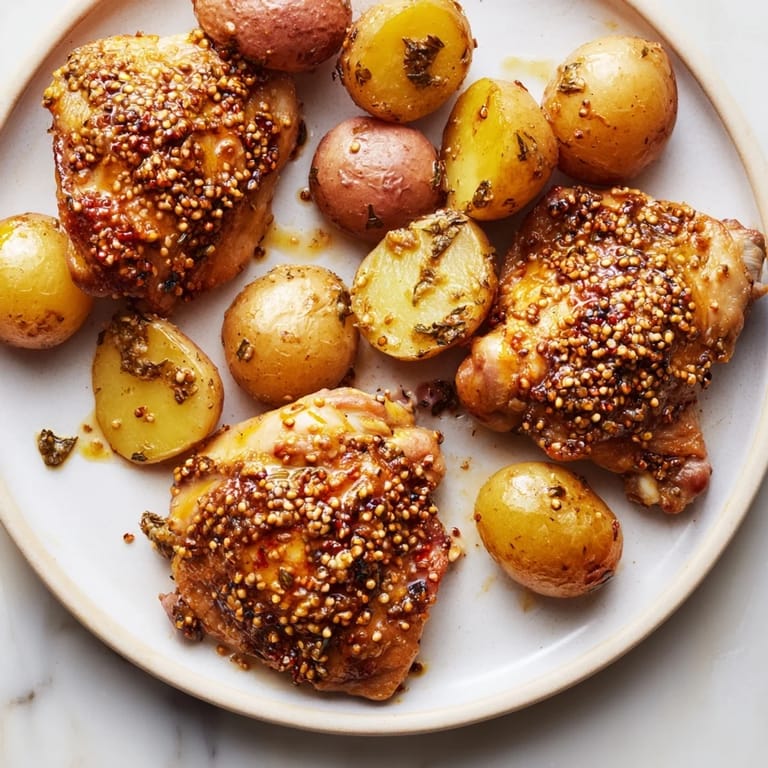 Tender chicken thighs with honey mustard glaze and roasted potatoes, a delicious American family dinner.