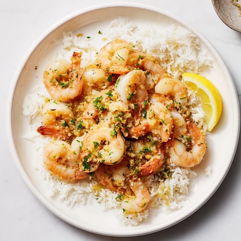 A vibrant close-up shows a comforting garlic butter shrimp rice bowl steaming, inviting you to enjoy.