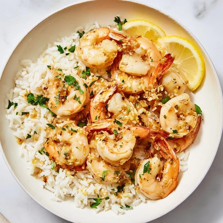 Fragrant garlic butter coats plump shrimp in a flavorful rice bowl, ready for a satisfying dinner.