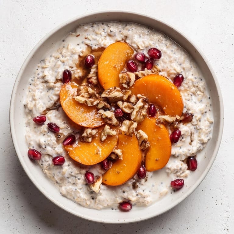 Freshly prepared overnight oats, a delicious mix of persimmon and pomegranate for a tasty breakfast.