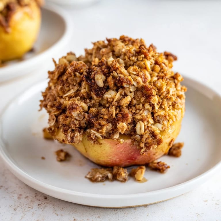 Enjoy a comforting plate of Baked Apples with Oat-Nut Crumble, offering a sweet, wholesome bite.