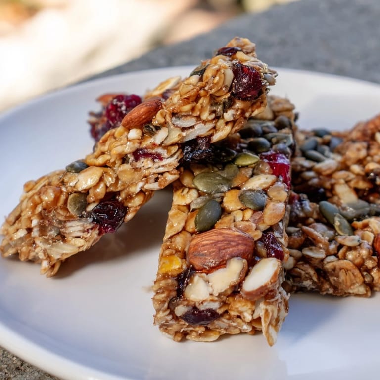 Close-up of freshly baked Roasted Pumpkin Seed & Cranberry Granola Bars, ready to be sliced into delicious snack bars.