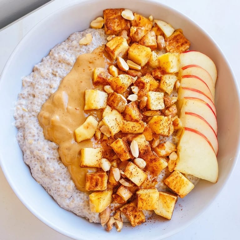 A close-up of creamy Apple-Chia Pudding with Peanut Butter, swirled and topped with fresh apples.