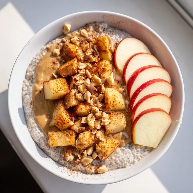 Enjoy a healthy serving of homemade Apple-Chia Pudding with Peanut Butter, ready to be eaten.