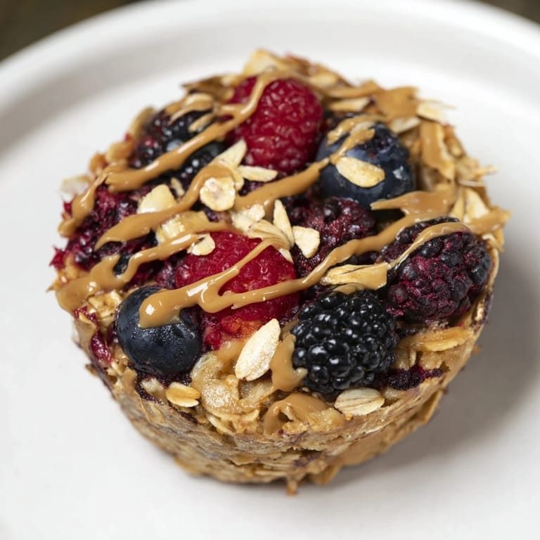 Close-up of baked oatmeal cups showing plump berries and a swirl of almond butter—perfect for a satisfying grab n' go bite.