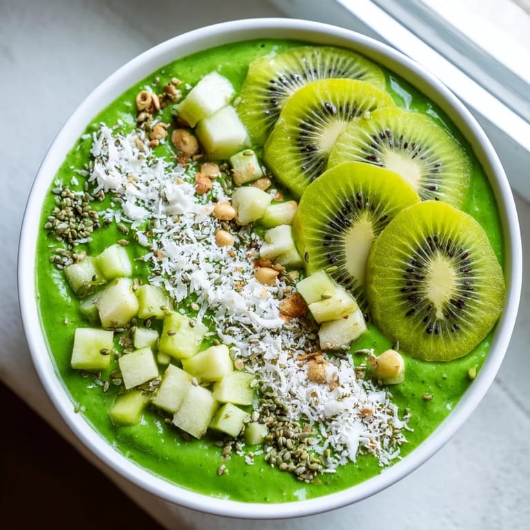 A close-up of a refreshing green smoothie bowl, garnished with kiwi and hemp seeds for a healthy meal.