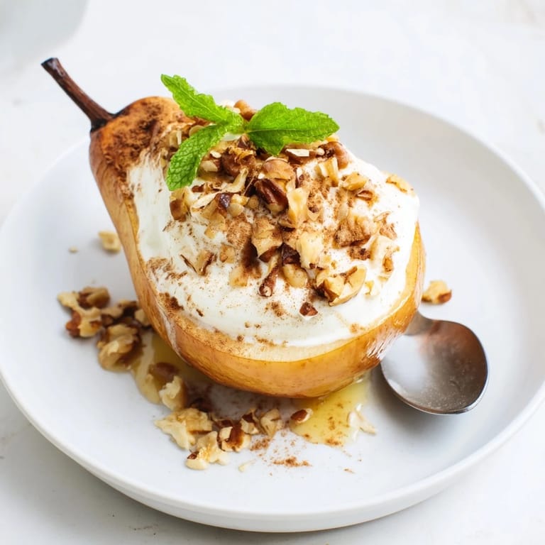 Close-up of roasted pears with cinnamon, walnuts, and Greek yogurt, a simple and satisfying recipe.