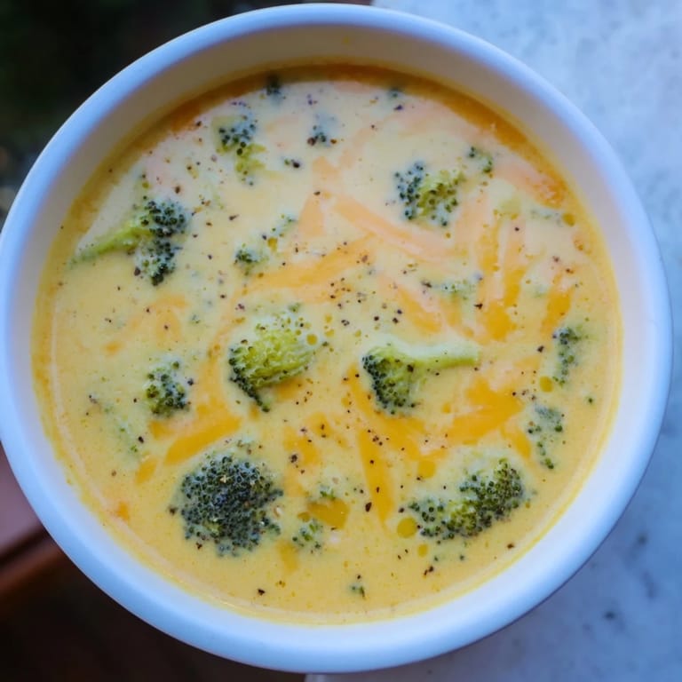 A close-up of a pot of golden Broccoli Cheese Soup, perfectly smooth and flavorful, ready to serve.