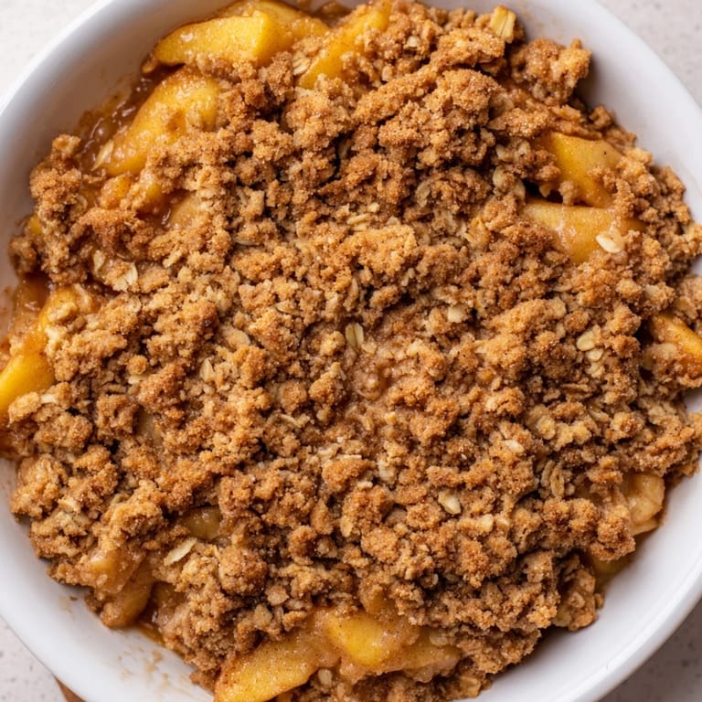 Homemade apple crisp with frozen apples: a comforting, easy dessert showing a perfect oat crumble.