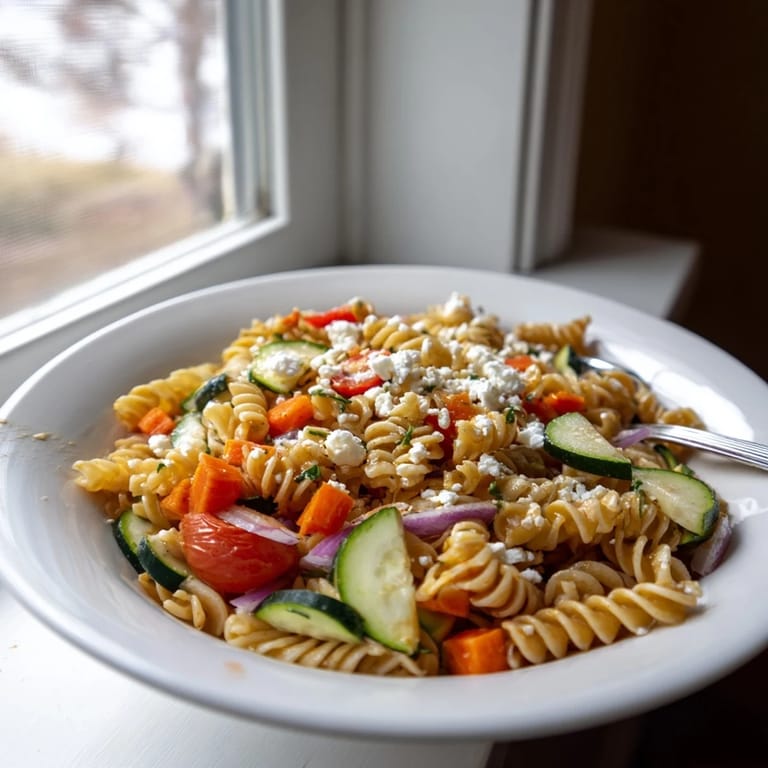 Enjoy a refreshing, chilled Pasta Salad with seasonal veggies; perfect for warm days.
