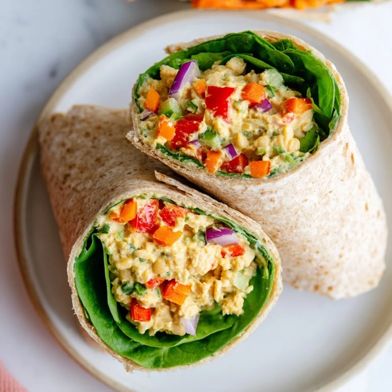 Freshly assembled chickpea salad wraps, perfect for a quick and healthy lunch on the go.