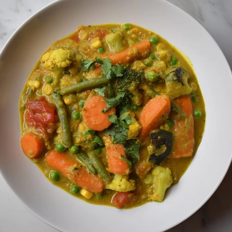 Fresh cilantro garnishes a flavorful, easy vegan Veggie Coconut Curry, perfect for a weeknight meal.