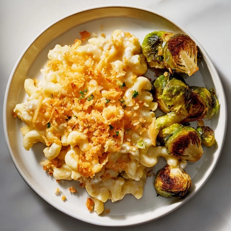 Delicious sheet pan mac and cheese, alongside roasted Brussels sprouts; a comforting, cheesy dinner.