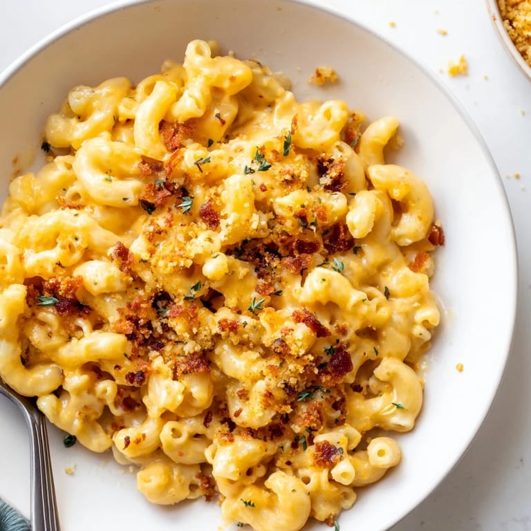 A warm, close-up view of creamy sheet pan mac and cheese with bacon, inviting you to enjoy.