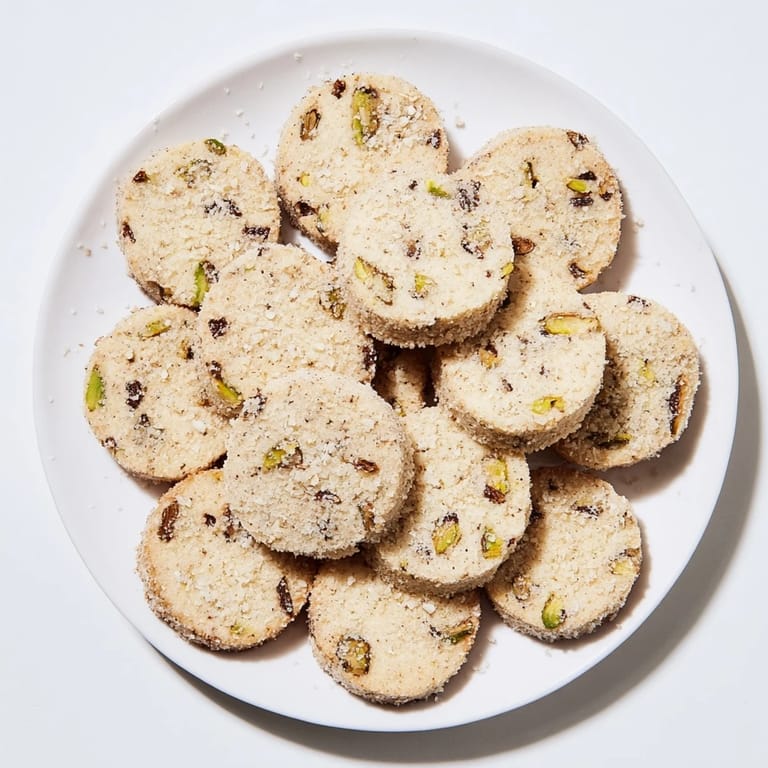 Close-up of baked Salted Pistachio Chocolate Chunk Shortbread, showcasing the texture and flaked sea salt topping.