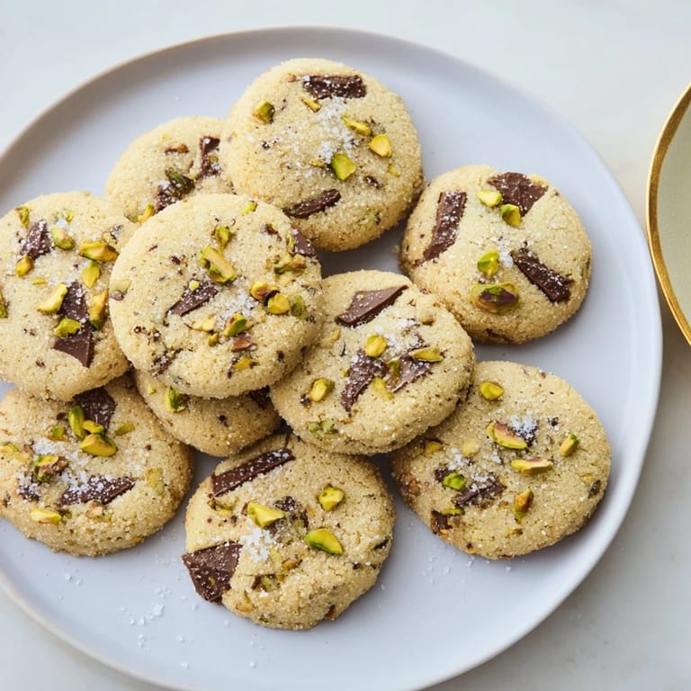 Freshly baked and cooling, these Salted Pistachio Chocolate Chunk Shortbread cookies are a perfect treat.