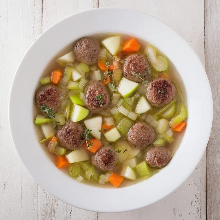 Close-up of a steaming bowl of Stovetop Sausage, Celery, and Apple Hotpot, garnished with fresh parsley.