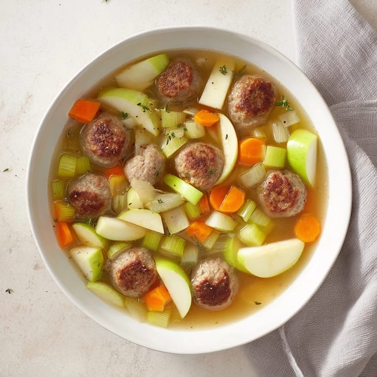 Savory Stovetop Sausage, Celery, and Apple Hotpot simmering, with apple slices and sausage rounds visible.