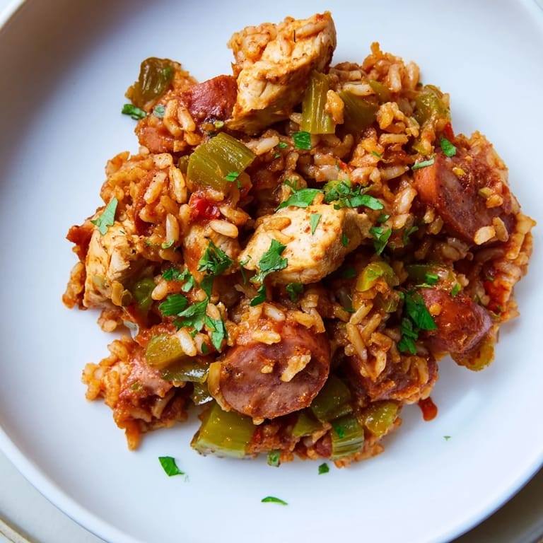 Close-up of baked Simple Chicken and Sausage Jambalaya, showing tender chicken, sausage, and rich tomato sauce.