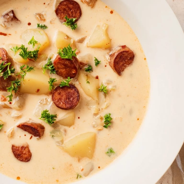 Steaming Creamy Chorizo Potato Soup, a hearty, gluten-free bowl perfect for a comforting meal.