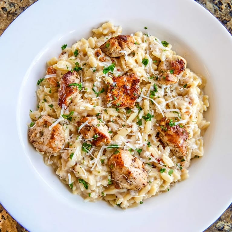 This photo shows a bubbling One-Pot Cajun Chicken Alfredo Orzo, ready to serve with Parmesan garnish.