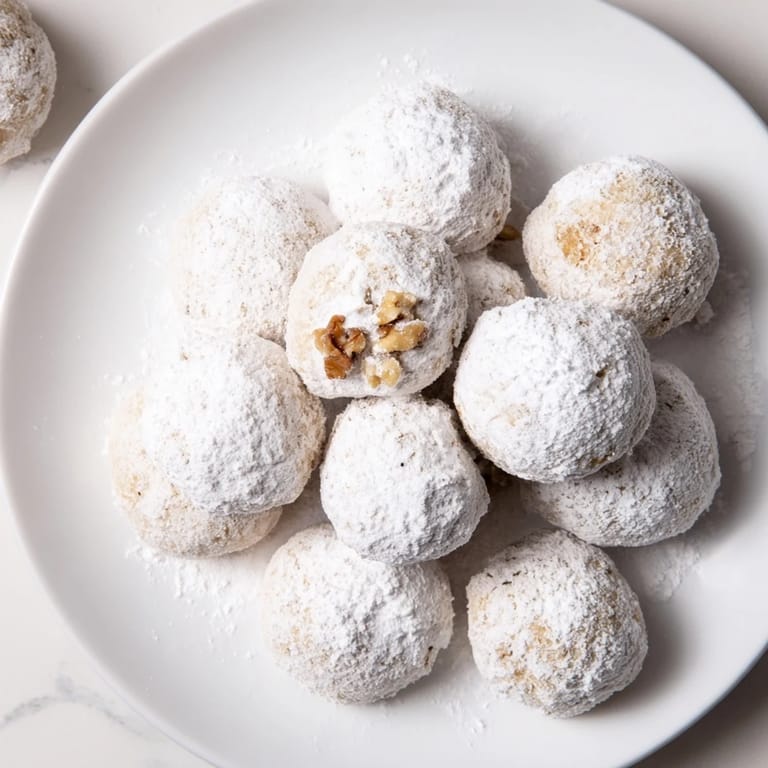 Close-up of freshly made Budget-Friendly Snowball Cookies, showcasing their delicate, crumbly texture and white coating.