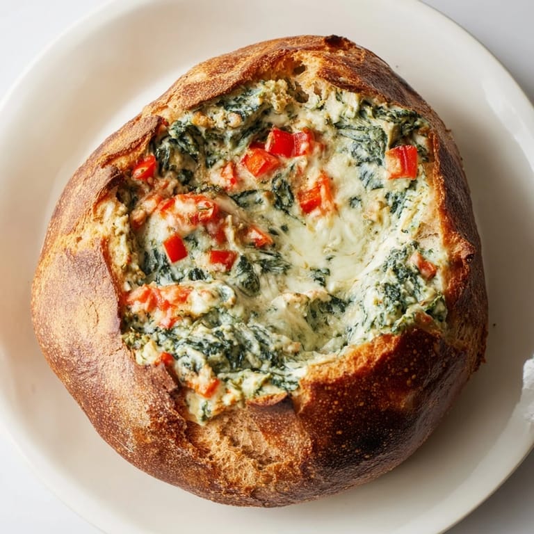 A close-up of a festive Holiday Spinach Dip bread bowl, with dippers arranged around it.