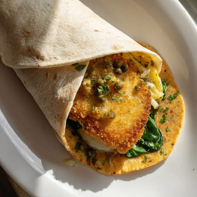 A close-up of a Chicken Piccata Crunch Wrap shows layers of texture and filling inside.