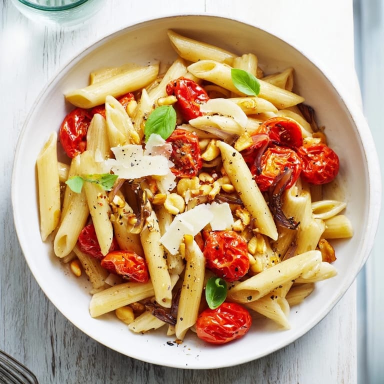 A serving of warm Baked Tomato & Olive Oil Pasta, glistening with olive oil and fresh basil leaves.