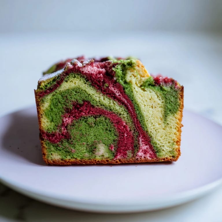 Vibrant matcha green and raspberry red swirls adorn this delicious homemade pound cake before serving.