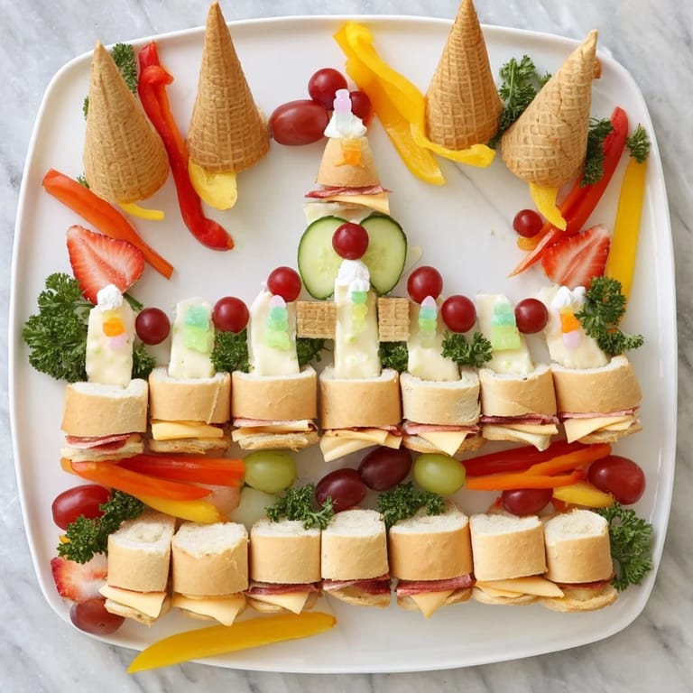 This whimsical Fairy Tale Castle Platter features a stunning castle made of sandwiches and towers of cones.
