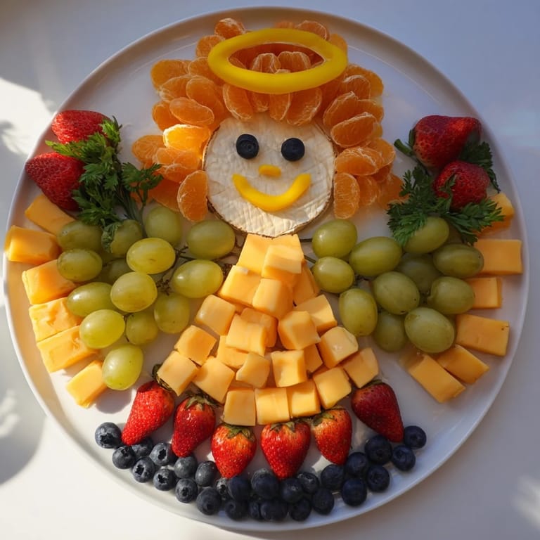 Vibrant Cherub Angel Snack Tray featuring grapes, cheese, and sweet treats, perfect for a baby shower appetizer.