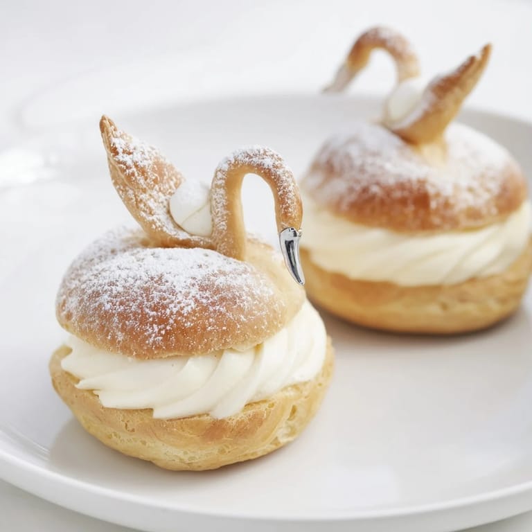 Delicate swan-shaped Feathered Friend pastry recipe, dusted with powdered sugar, ready for a special dessert.