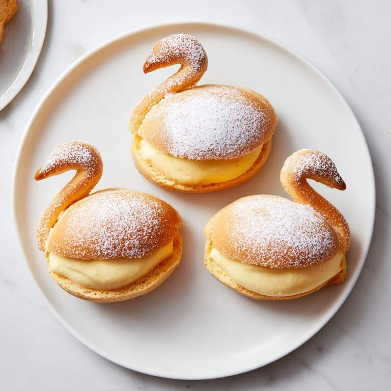 Beautifully decorated Feathered Friend Swan Pastry Platter, showing off soft, creamy vanilla filling inside.
