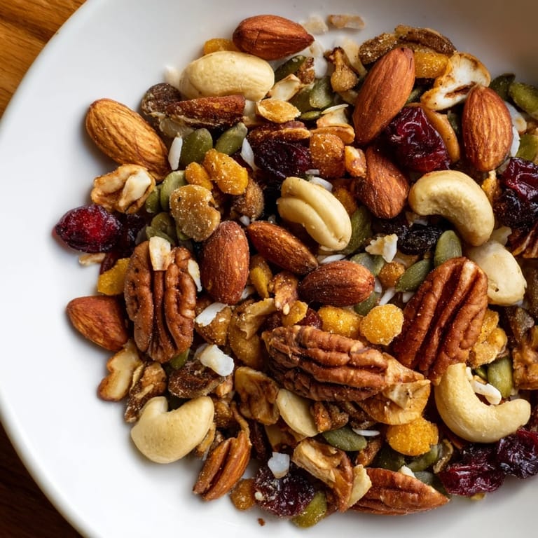 Crispy, spiced Nutty Nosh Squirrel Snack Mix featuring toasted nuts and dried fruits, ready to eat.